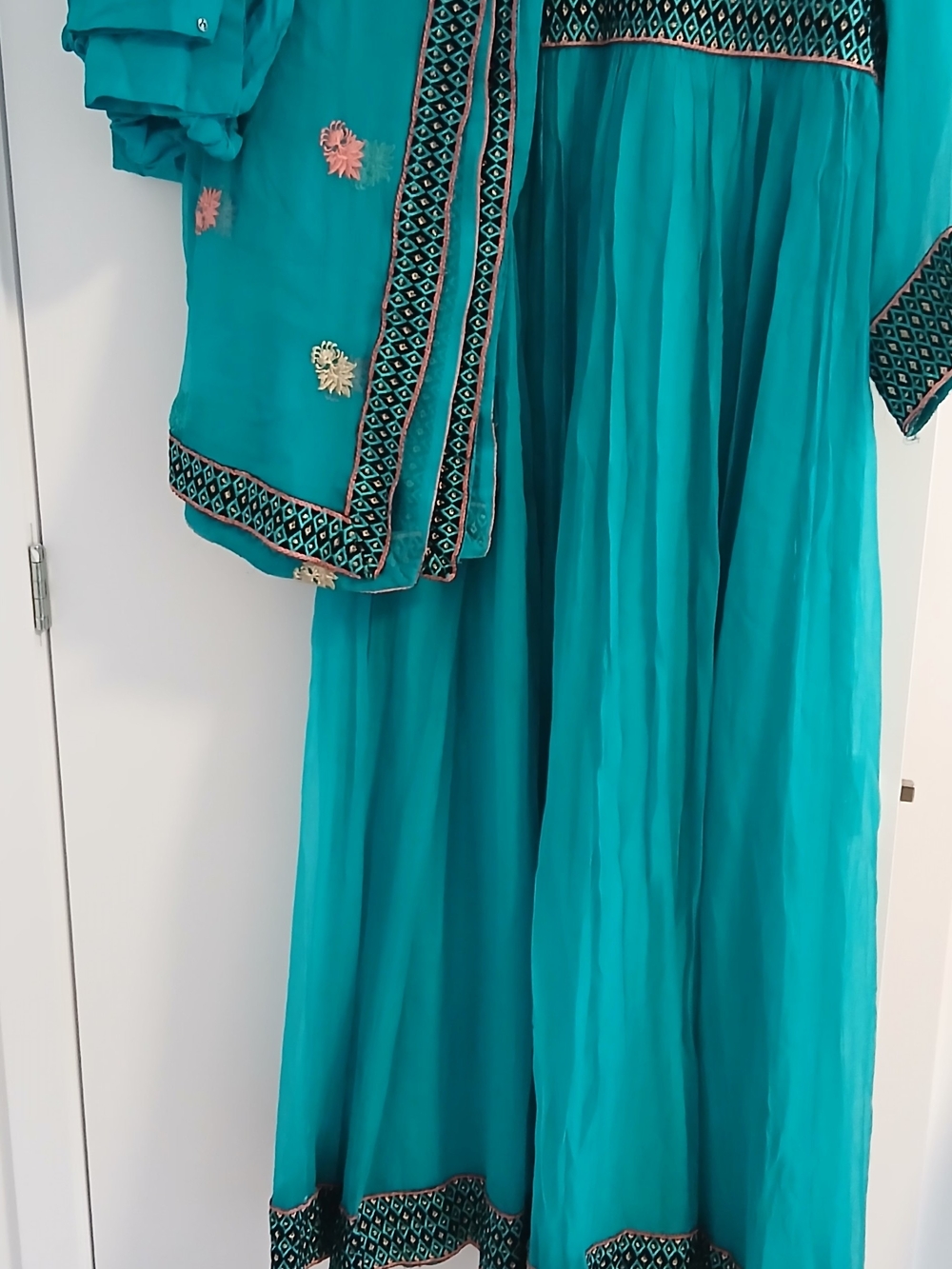 Girls Teal Embroidered Anarkali Dress